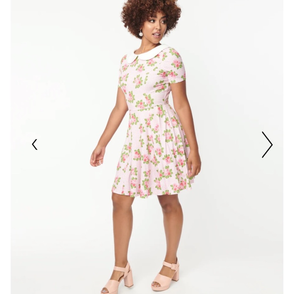 Unique Vintage NWT Pink Pansies & White Pin Dot Margot Fitβ & Flare Dress